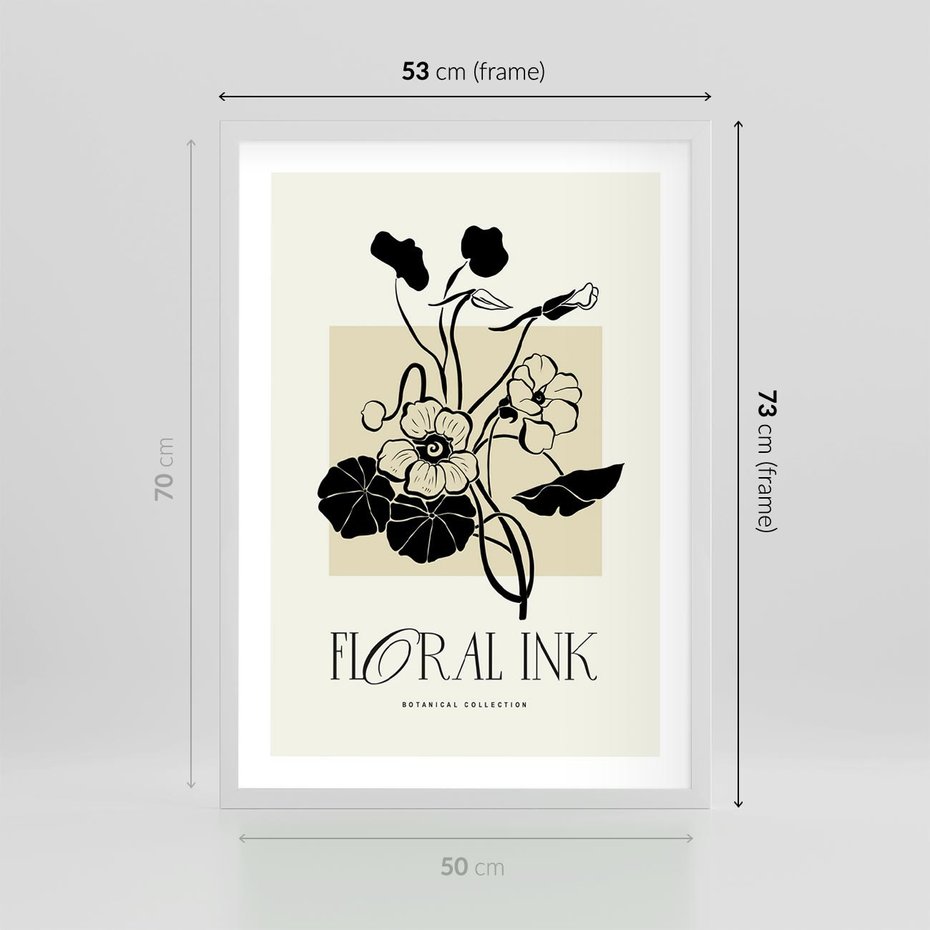 Plakat w ramie 50x70 - Podróż linii kwiatowego czasu - kwiaty, typografia - rama biała