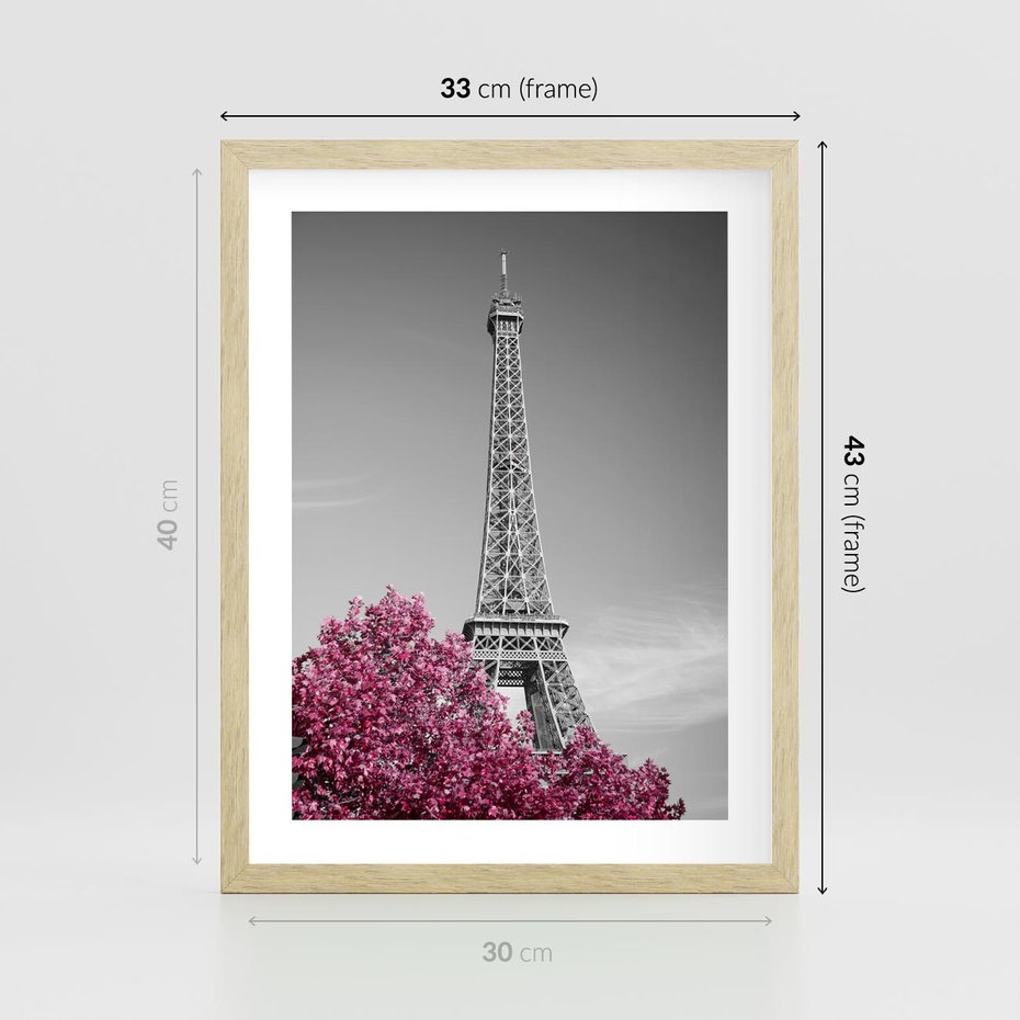 Plakat w ramie 30x40 - Różowy Paryż - czarno białe zdjęcie, wieża eiffla - rama drewno