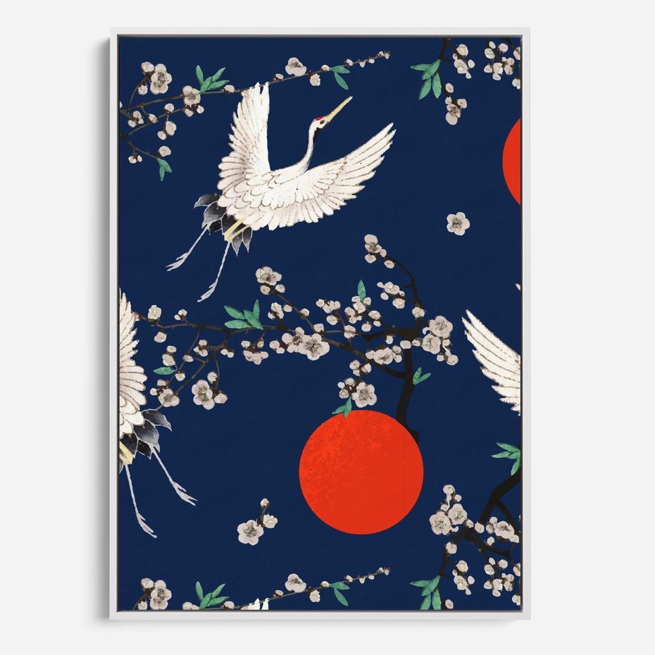 Obraz w ramie 80x120 - Japońskie Żurawie Indygo - sztuka japońska, japonia - rama biała