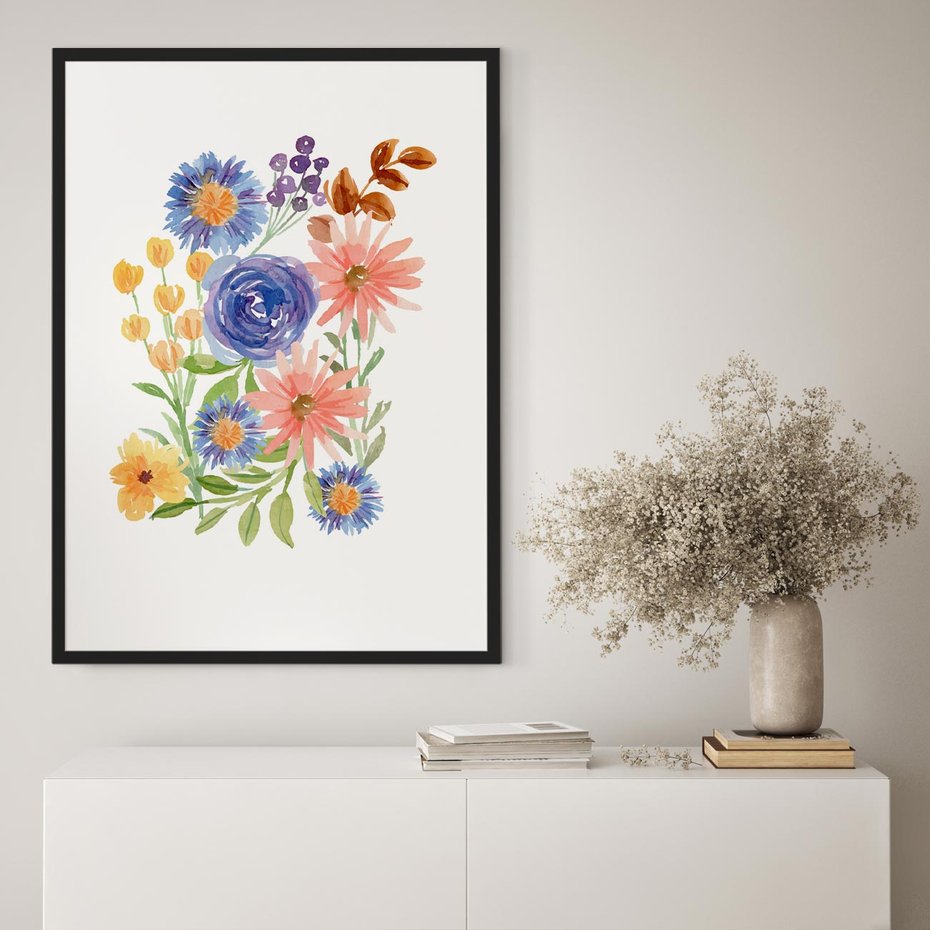 Plakat bez ramy 21x30 - Migocące Widoki Kwiatów - akwarelowe polne kwiaty, minimalistyczny plakat