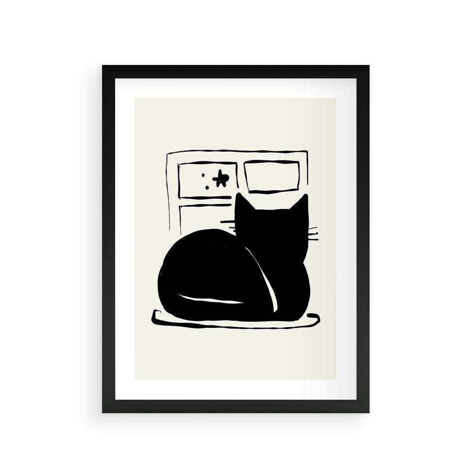 Plakat w ramie 30x40 - Czarny Kot: Prosta Elegancja - grafika, minimalizm - rama czarna
