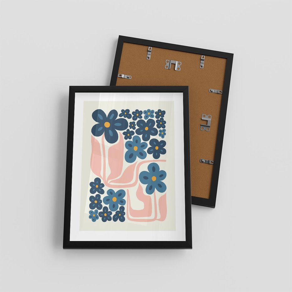 Plakat w ramie 30x40 - Niebieskie Refleksje - niebieskie kwiaty, niezapominajki - rama czarna