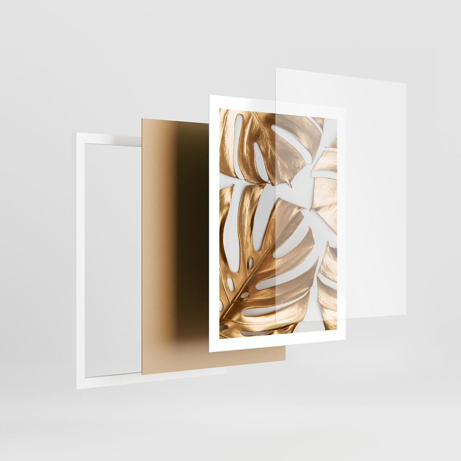 Plakat w ramie 50x70 - Złote Akcenty w Fotografii - złotel liście monstery, na białym tle - rama biała
