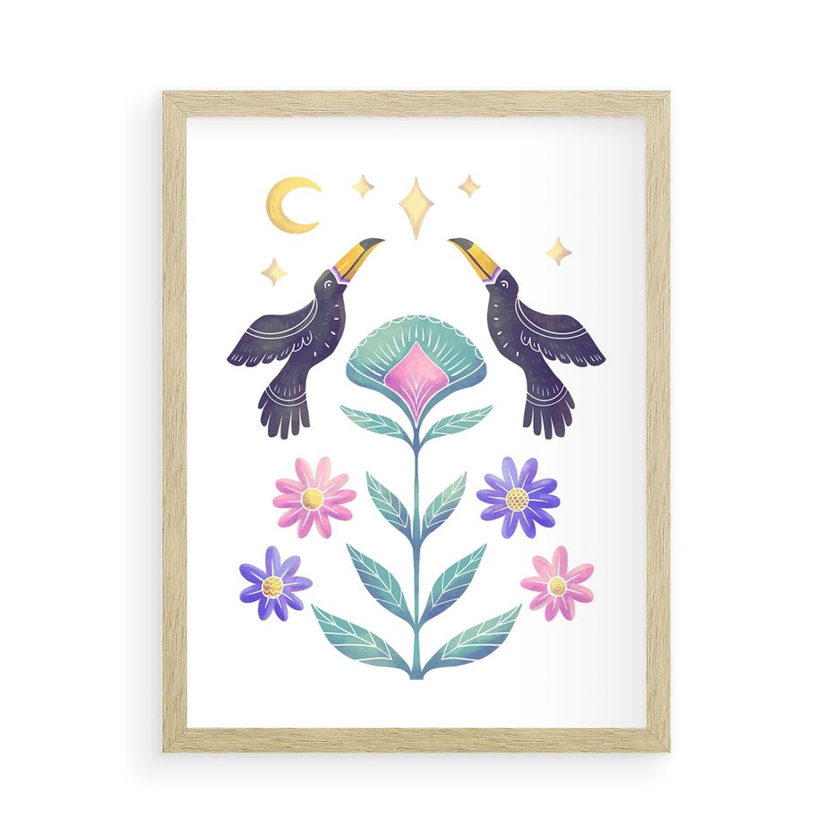 Plakat w ramie 50x70 - Przenikająca Dżungla - boho plakat, tukany - rama drewno