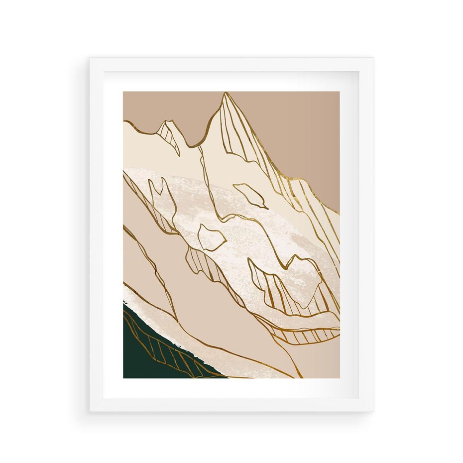 Plakat w ramie 40x50 - Góry w Złocie i Minimalizmie - grafika, złote góry - rama biała