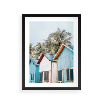 Plakat w ramie 30x40 - Rajskie Wakacje - domki na plaży, błękitne domki - rama czarna