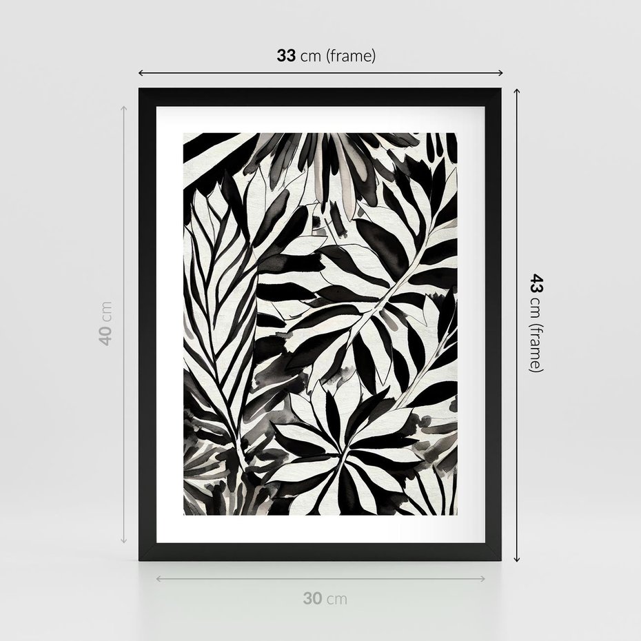 Plakat w ramie 30x40 - Czarne Liście - akwarelowy obraz, czarno biały - rama czarna