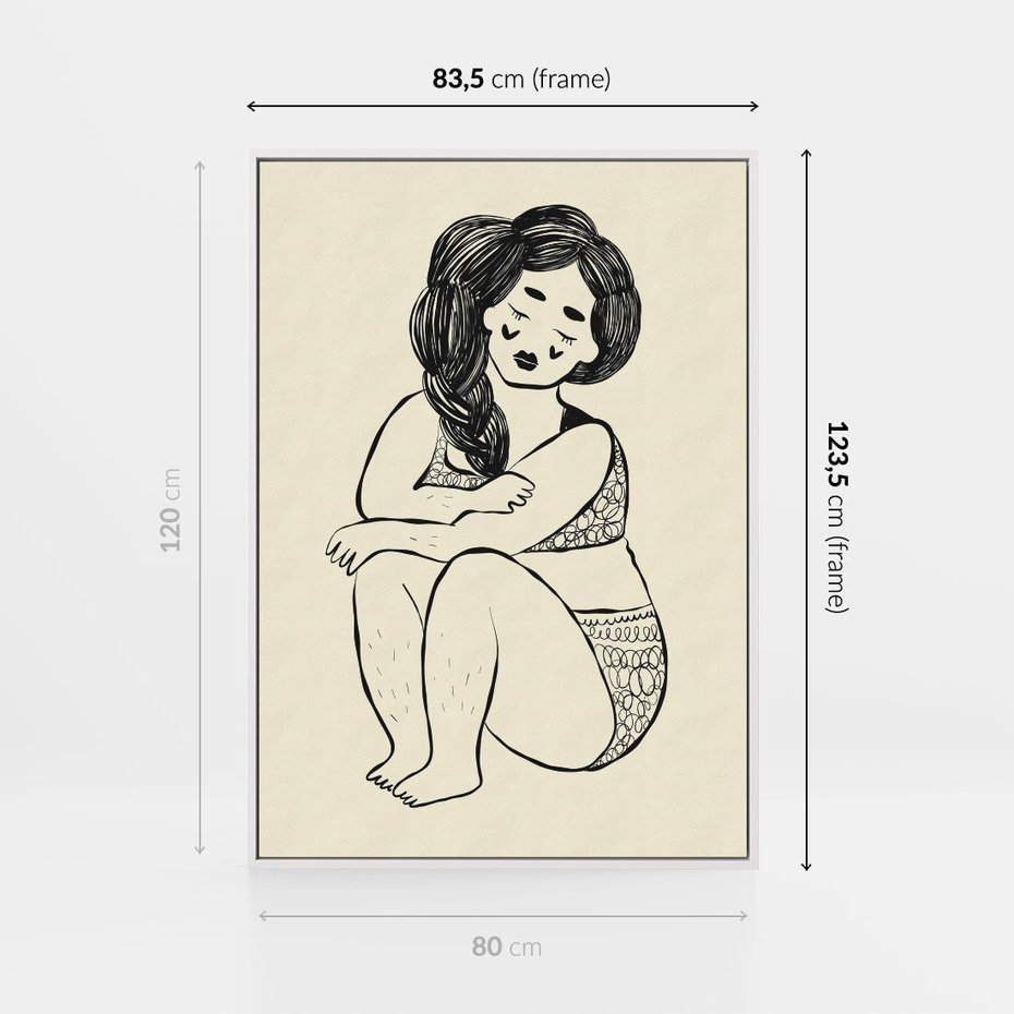 Obraz w ramie 80x120 - Migotliwe Refleksje - nowoczesny minimalistyczny rysunek, dziewczyna w bieliźnie - rama biała