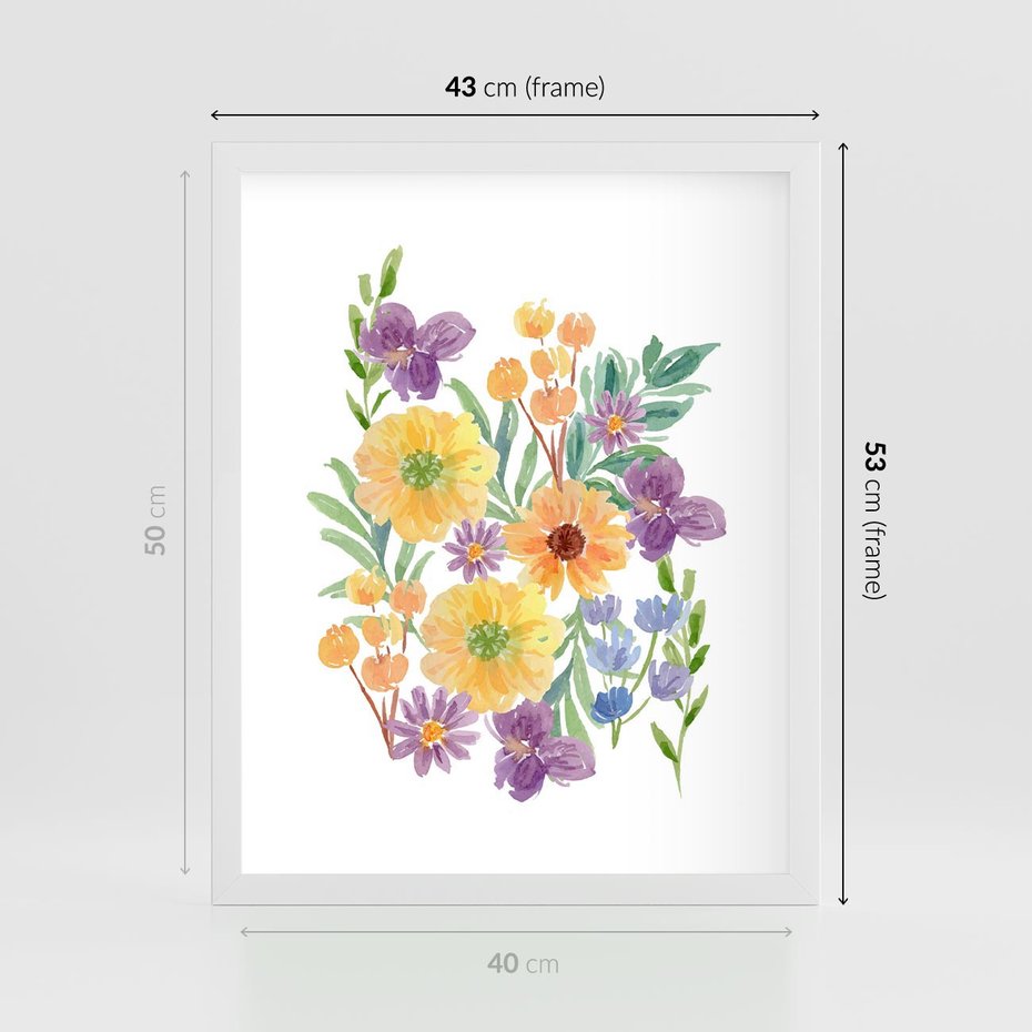 Plakat w ramie 40x50 - Kwiatowe Wibracje - akwarelowe polne kwiaty, minimalistyczny plakat - rama biała