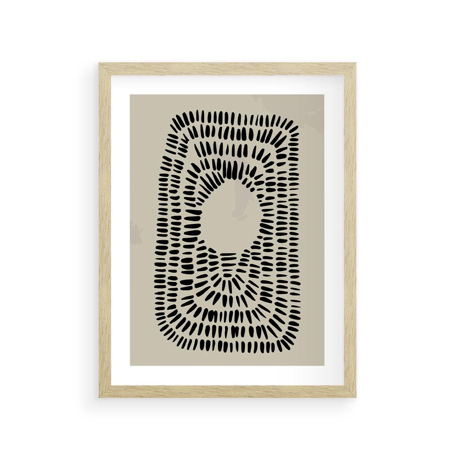 Plakat w ramie 30x40 - Zaklęte Wnętrza - boho plakat, czarne kropki kreski - rama drewno
