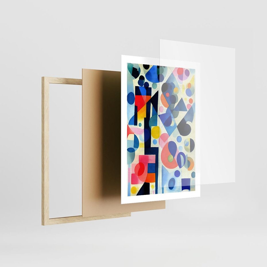 Plakat w ramie 50x70 - Księga Akwarelowych Przeniknięć - abstrakcyjny obraz, różne kolorowe kształty - rama drewno