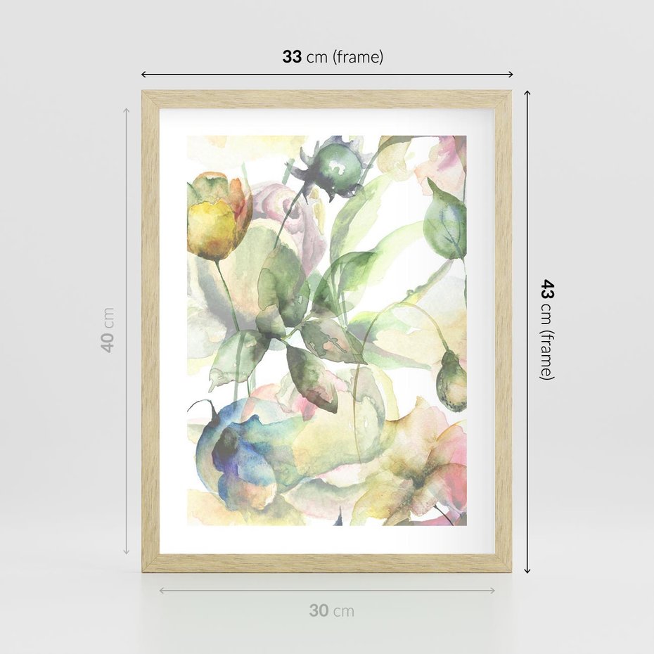 Plakat w ramie 30x40 - Delikatne Kolory - akwarelowe, kwiaty - rama drewno
