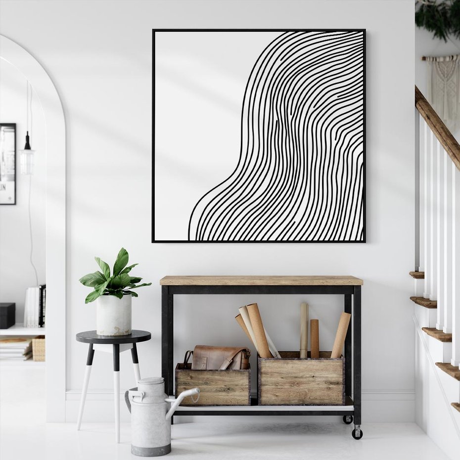 Obraz w ramie 50x50 - Refrakcje Przestrzeni - mnimalistyczna forma, czarne linie - rama czarna