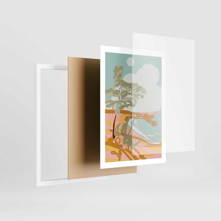 Plakat w ramie 50x70 - Spokojny Wiatr - pastelowy krajobraz, nowoczesny plakat - rama biała