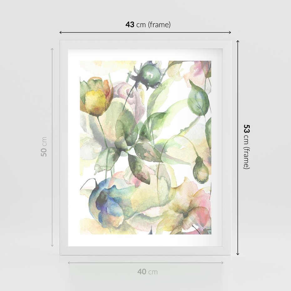 Plakat w ramie 40x50 - Delikatne Kolory - akwarelowe, kwiaty - rama biała