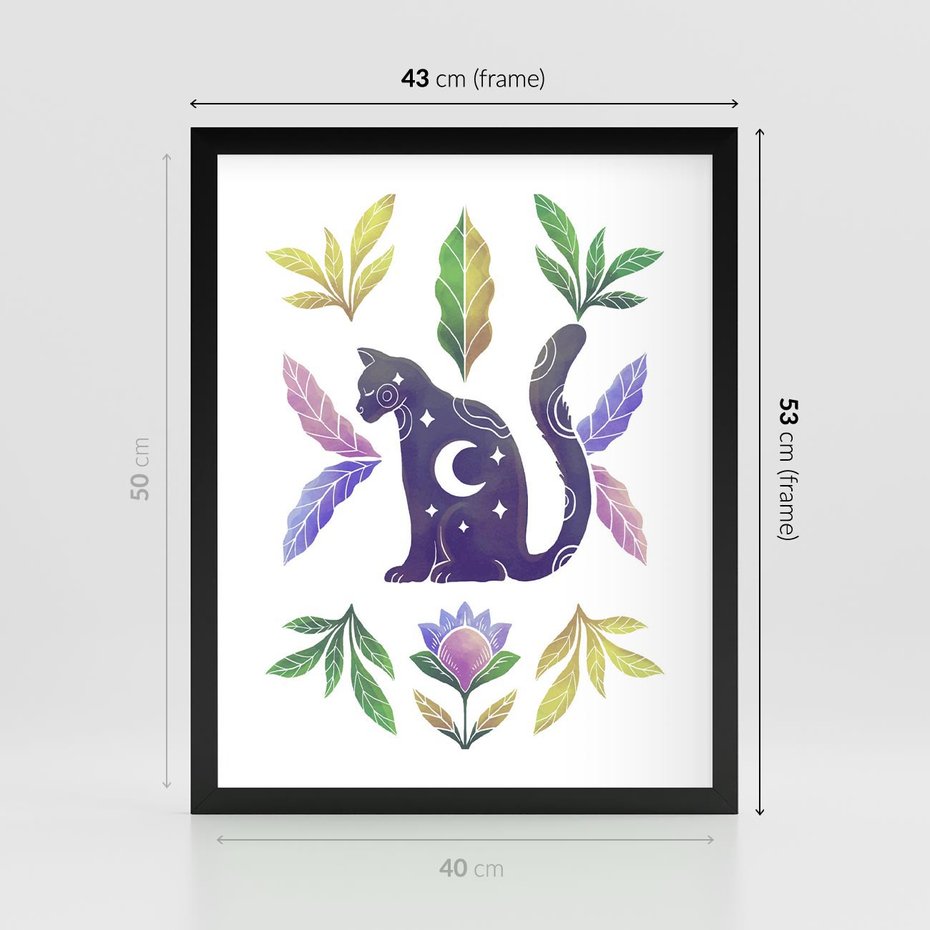 Plakat w ramie 40x50 - Migotliwa Przestrzeń - boho kot, plakat - rama czarna