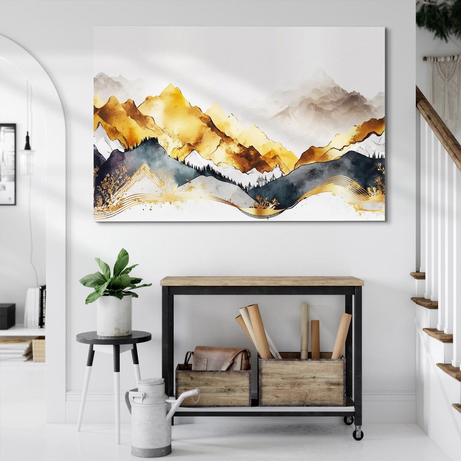 Obraz na płótnie 70x50 - Złote Góry - akwarela, graficzne góry