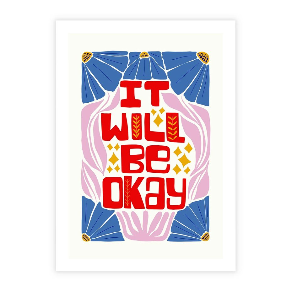 Plakat bez ramy 21x30 - Kwiatowa Ekstaza - czerwona pozytywna typografia, kwiatowa kompozycja