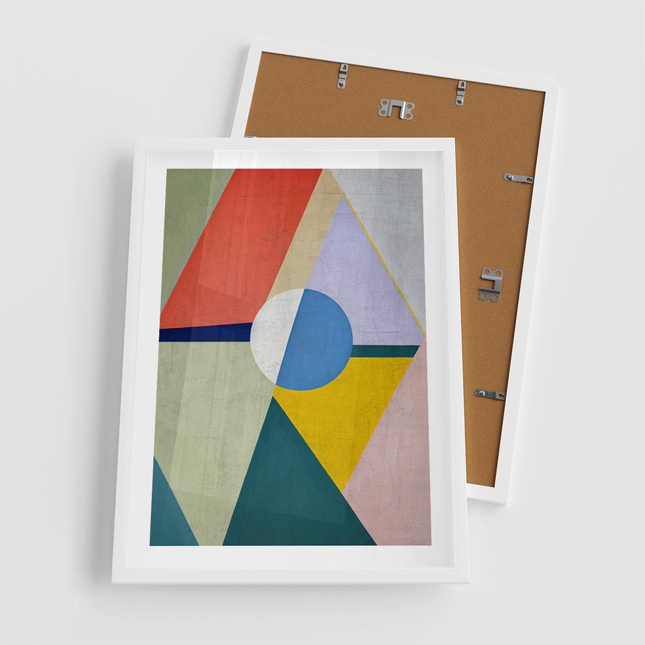 Plakat w ramie 50x70 - Taniec Subtelnych Odbić - abstrakcyjne geometryczne kształty, olejny obraz - rama biała