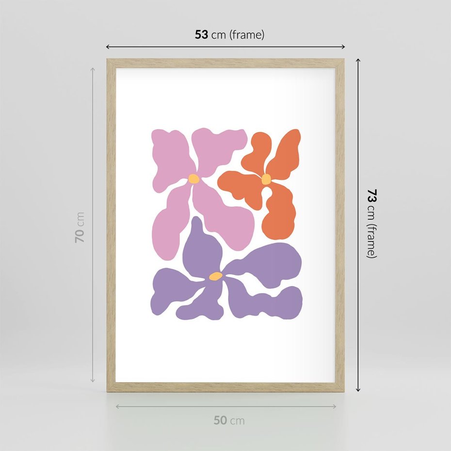 Plakat w ramie 50x70 - Bezgraniczne Wibracje - abstrakcyjne kolorowe kwiaty, minimlizm - rama drewno