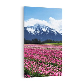 Obraz na płótnie 80x120 - Tulipany w malowniczym krajobrazie" - tulipany, krajobraz