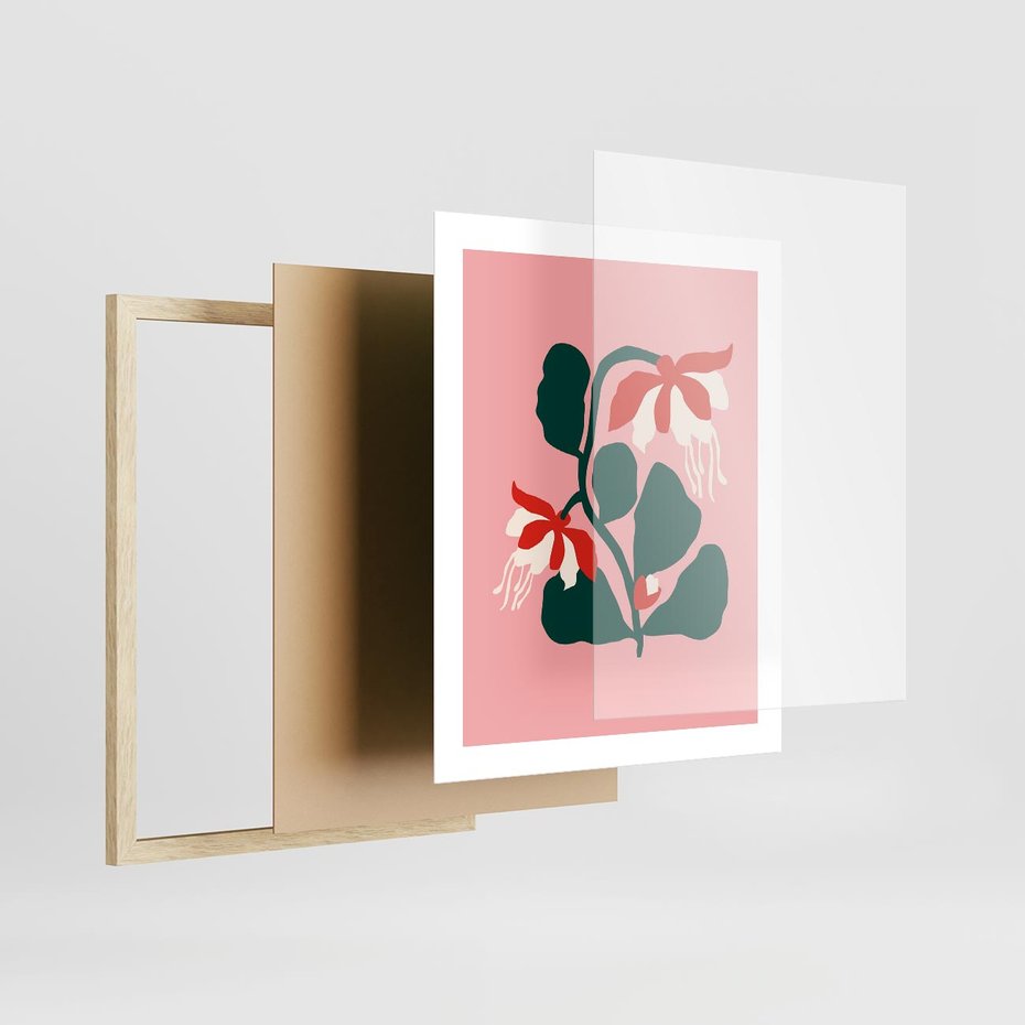 Plakat w ramie 40x50 - Migotliwa Kreatywność - abstrakcyjne kwiaty, różowe tło - rama drewno