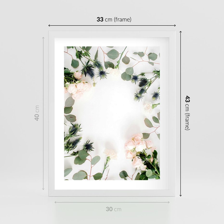 Plakat w ramie 30x40 - Róże i Zielone Liście - kompozycja kwiatowa, róże - rama biała
