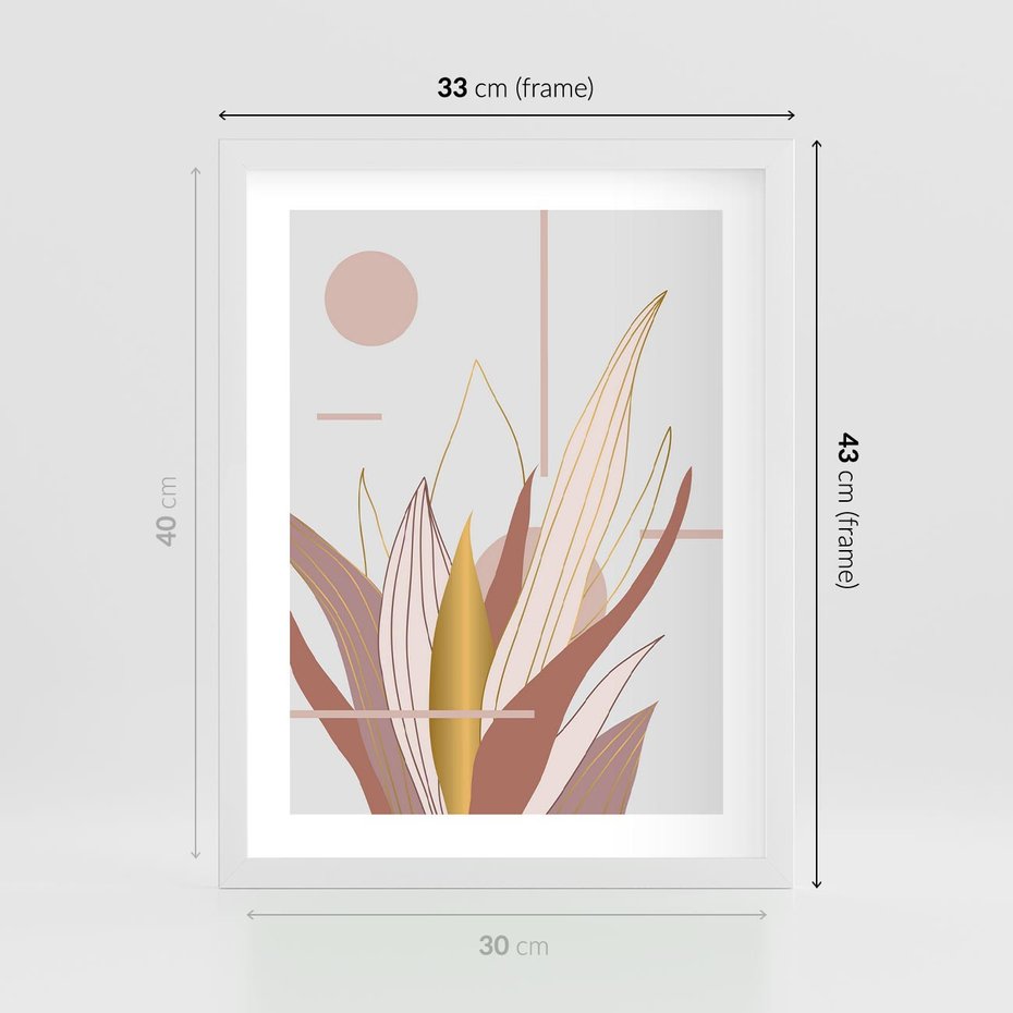 Plakat w ramie 30x40 - Złota Grafika Liści: Wyjątkowa Dekoracja - liście, złoto - rama biała