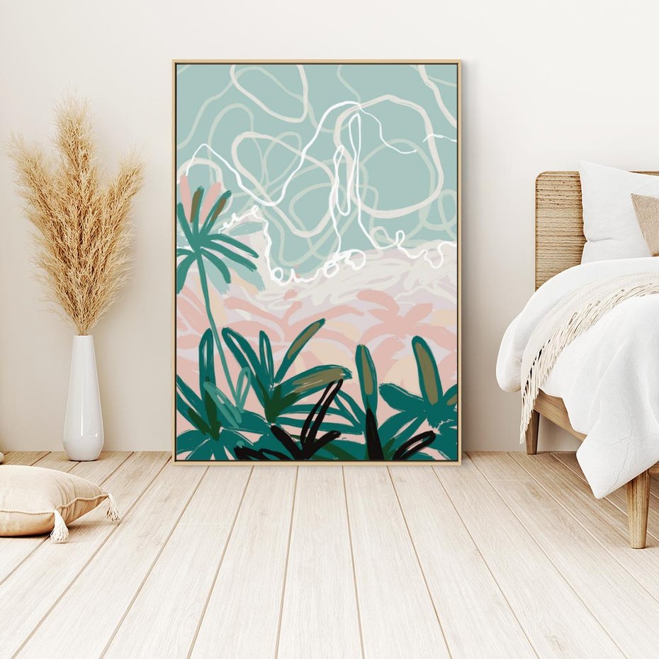 Obraz w ramie 50x70 - Rajski Stan - pastelowy krajobraz, nowoczesny plakat - rama drewno