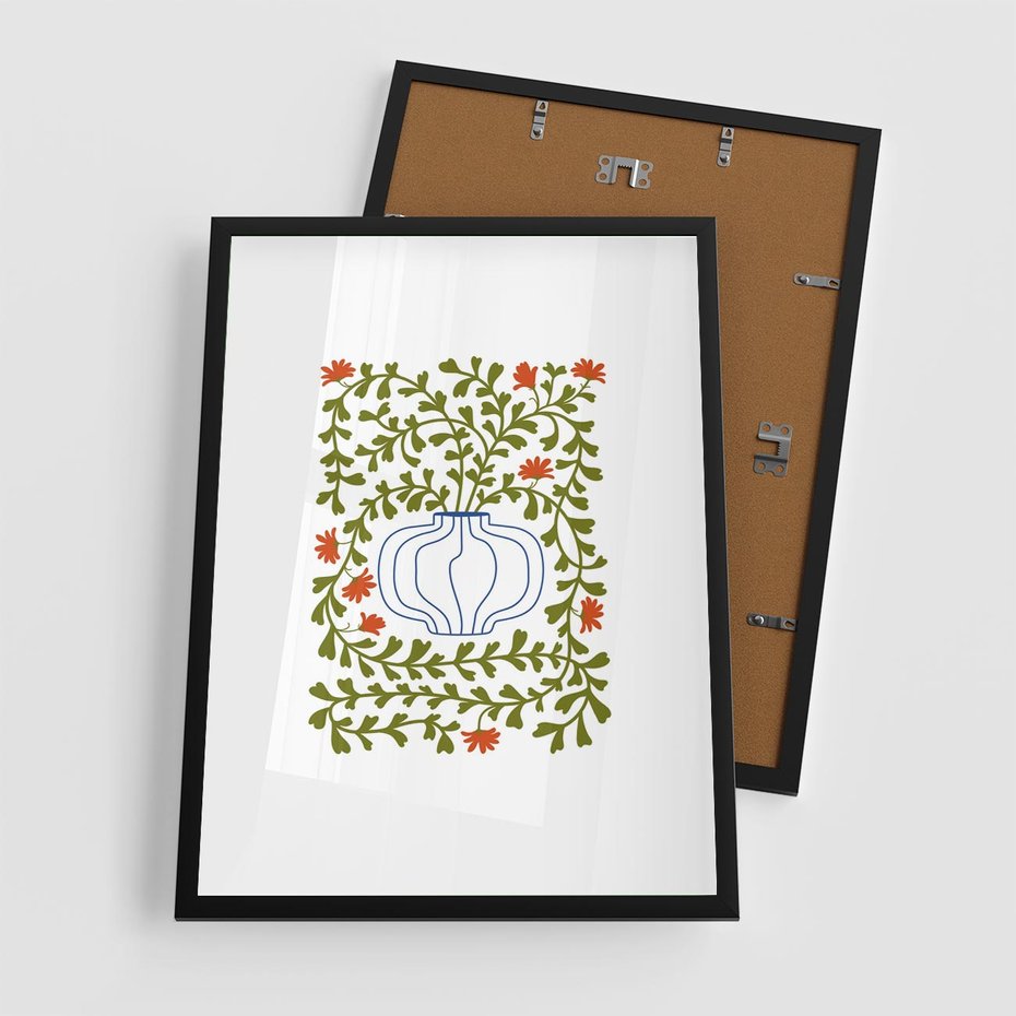 Plakat w ramie 50x70 - Wewnętrzne Fale - kwiaty w wazonie, minimalizm - rama czarna