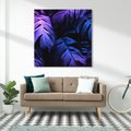 Obraz na płótnie 30x30 - Mroczna Magia Dżungli - mroczna grafika, fioletowe liście monstery na czarnym tle
