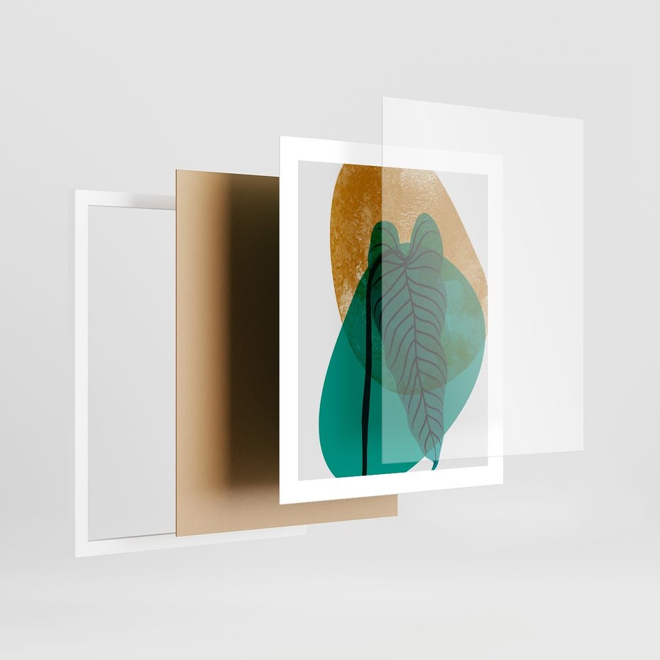 Plakat w ramie 40x50 - Zielony Liść ze Złotą Plamą - zielony liść, złota plama - rama biała