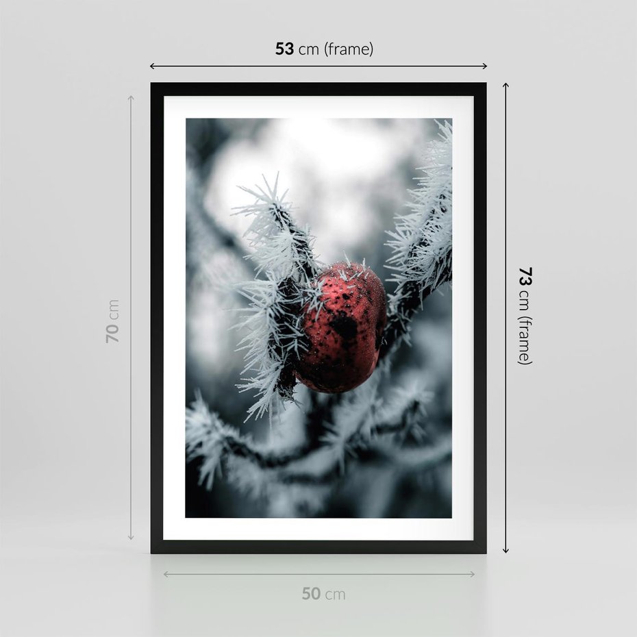 Plakat w ramie 50x70 - Chwila Zimowego Uroku - zima, ośnieżona gałązka - rama czarna