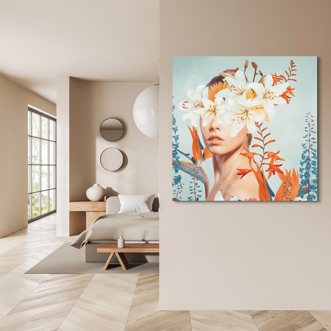 Obraz na płótnie 70x70 - Kwiatowa Enklawa Uroku - kolaż, nierealna kompozycja