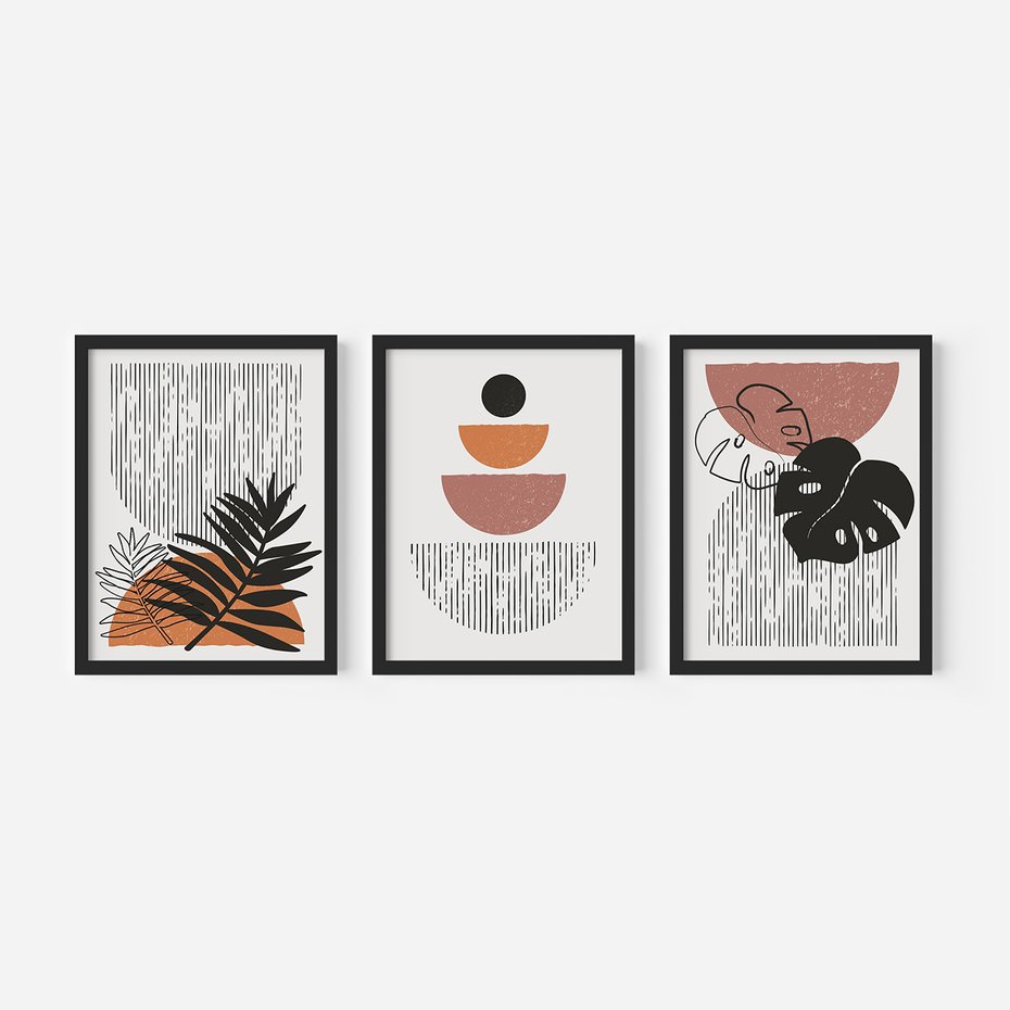 Zestaw obrazy w ramie 50x70 galeria - Skandynawski, liście, geometria - rama czarna