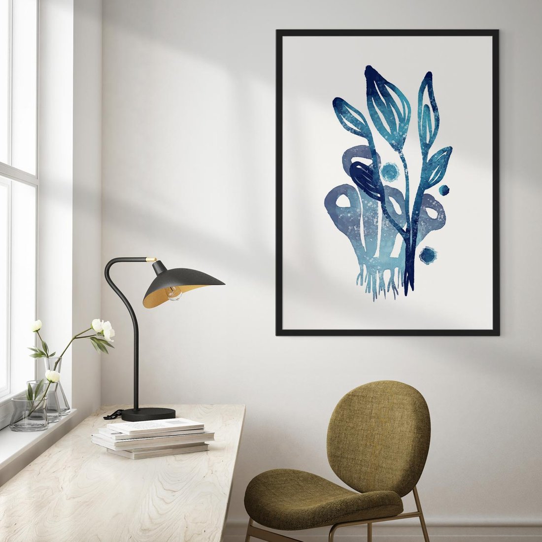 Plakat w ramie 40x50 - Akwarelowy Błękit - pastelowy, abstrakcyjny plakat - rama czarna