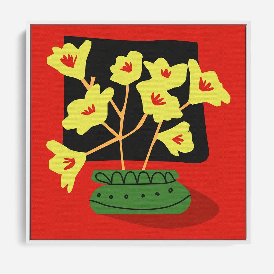 Obraz w ramie 80x80 - Abstrakcyjne Przenikanie - abstrakcyjne kwiaty, czerwone tło - rama biała