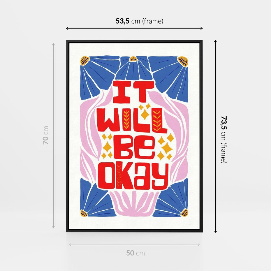 Obraz w ramie 50x70 - Kwiatowa Ekstaza - czerwona pozytywna typografia, kwiatowa kompozycja - rama czarna