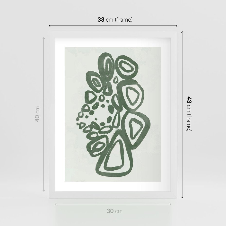 Plakat w ramie 30x40 - Migotliwe Widzenia Zieleni - zielona abstrakcja, zgaszona zieleń - rama biała