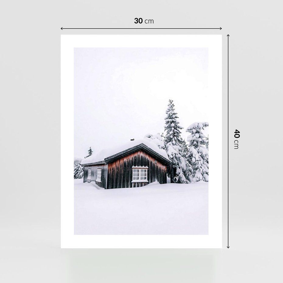 Plakat bez ramy 30x40 - Zimowy Azyl: Domek w Górach - domek w górach, śnieg