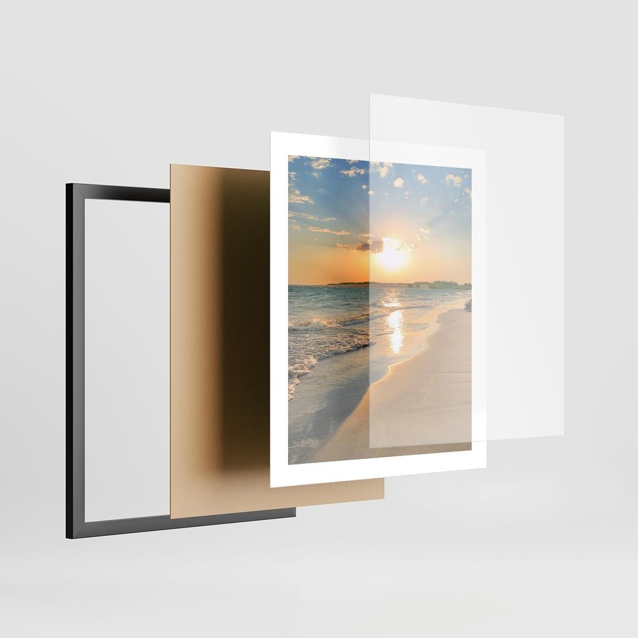 Plakat w ramie 40x50 - Zachód słońca na plaży - plaża, zachód - rama czarna