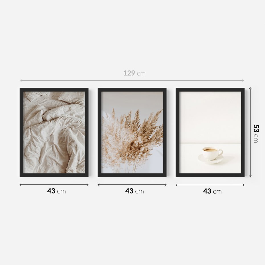 Zestaw obrazy w ramie 40x50 galeria - Kawa, pościel, boho, prostota - rama czarna
