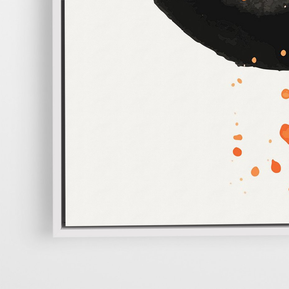 Obraz w ramie 50x70 - Wnętrza Marzeń - abstrakcyjna czarna plama, rozsiane pomarańczowe kropki - rama biała