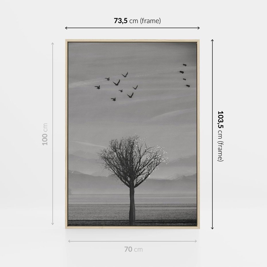 Obraz w ramie 70x100 - Samotne Drzewo - samotne drzewo w polu, czarno białe zdjęcie - rama drewno