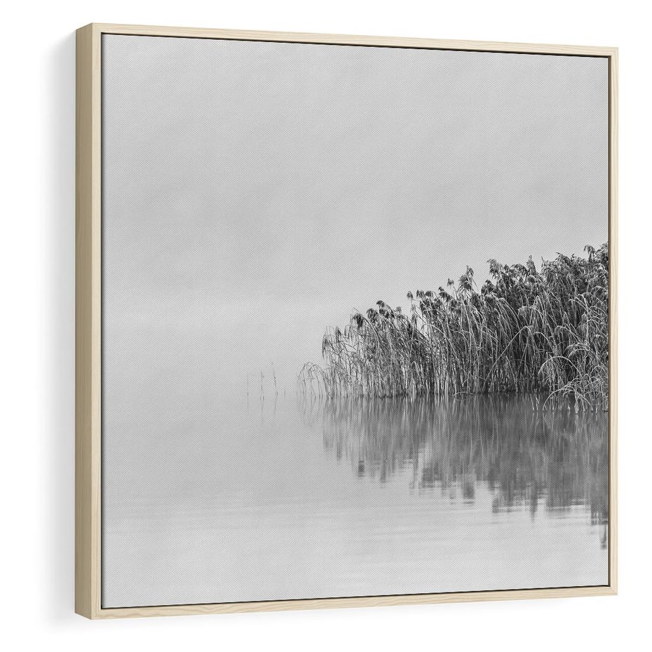 Obraz w ramie 80x80 - Mglisty Brzeg Jeziora - czarno białe zdjęcie, zamglone jezioro - rama drewno