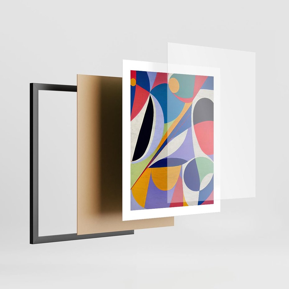 Plakat w ramie 40x50 - Kolorowe Przesunięcia Kształtów - abstrakcyjny obraz olejny, żywe kolory - rama czarna
