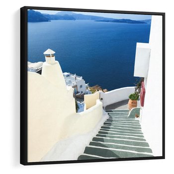 Obraz w ramie 50x50 - Malowniczy urok wyspy - Santorini, schodki - rama czarna
