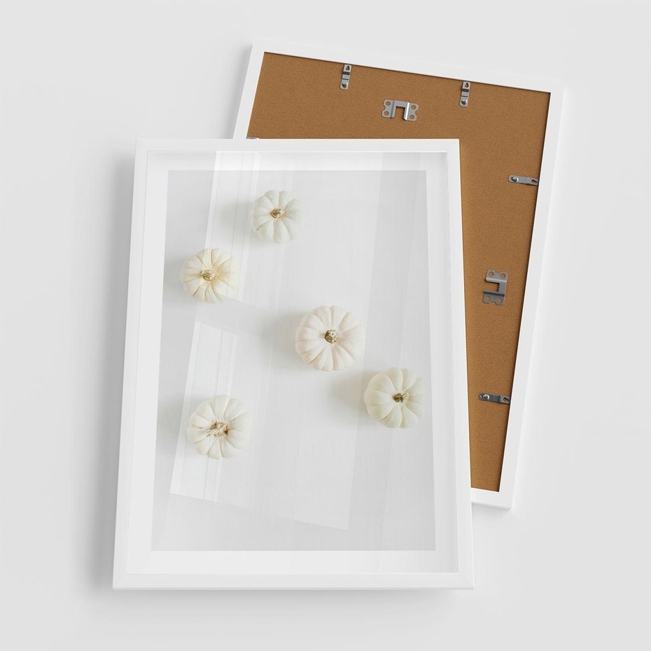 Plakat w ramie 50x70 - Biała Jesień: Dynie na Jasnym Tle - białe dynie, białe tło - rama biała