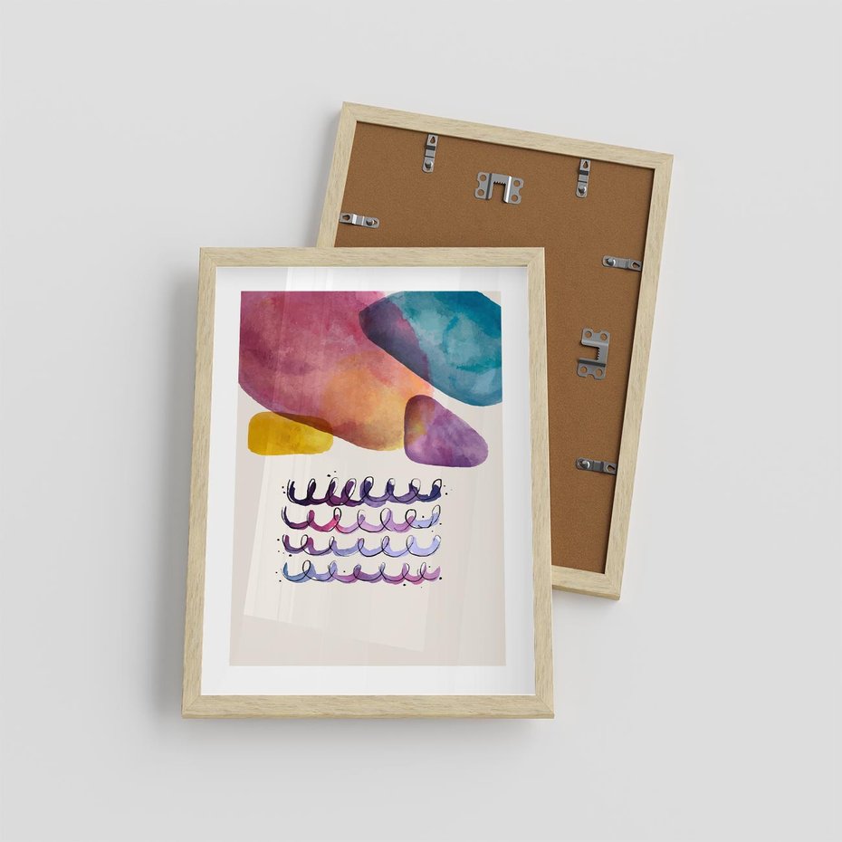 Plakat w ramie 30x40 - Impresje Akwarelowej Przestrzeni - kolorowe pastelowe plamy, rozmyte żywe kolory - rama drewno