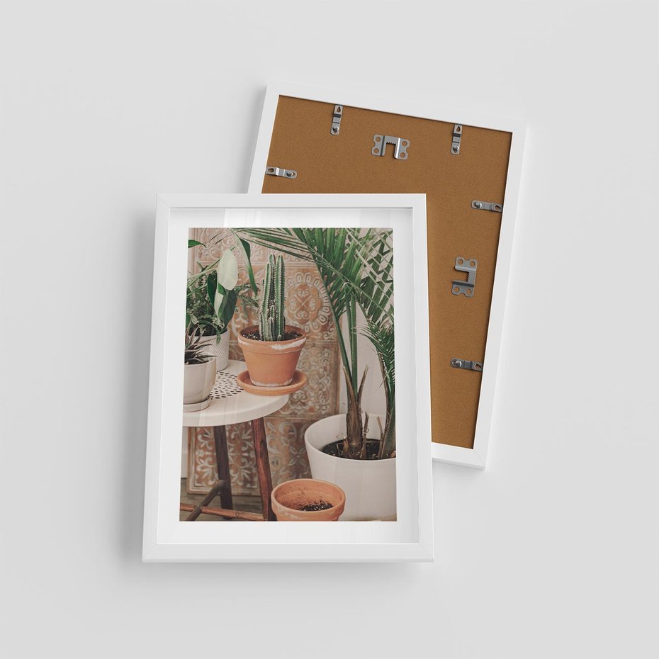 Plakat w ramie 30x40 - Boho Oaza: Kaktusy w Doniczkach - rośliny kaktusy w doniczkach, boho wnętrze - rama biała
